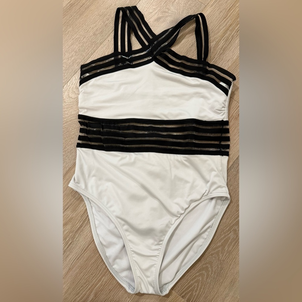 Kenneth Cole Vintage 1 PC Swimsuit. White W/Black Detailing & Netting. Size Med